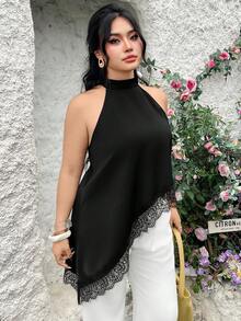 Modelyn 休闲优雅蕾丝拼接宽松大码女式吊带背心，春夏款 - 黑色 - 查看 3