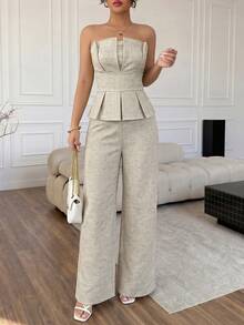 SHEIN Lavishia 女士优雅无肩带上衣和裤子套装，春夏款 - 杏色 - 查看 5