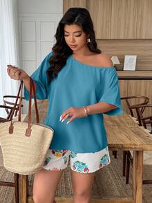 Plus Size Women's Colorblock Floral Print Asymmetric Neck Loose Shorts 2-Piece Set, Casual Holiday - Multicolor - View 5