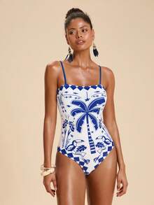 Travachic Women's Coconut Tree Print One-Piece Swimsuit, Suitable For Beach Vacation, Pool Party, Beach Party - Multicolor - View 7