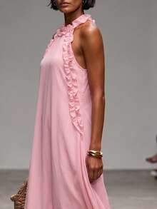 SHEIN Holidaya Spring Pink Halter Maxi Dress With Side Frill Trim For Beer Fest Graduation Party Commuting & Other Occasions Women's Casual Long Dress - Pink - View 4