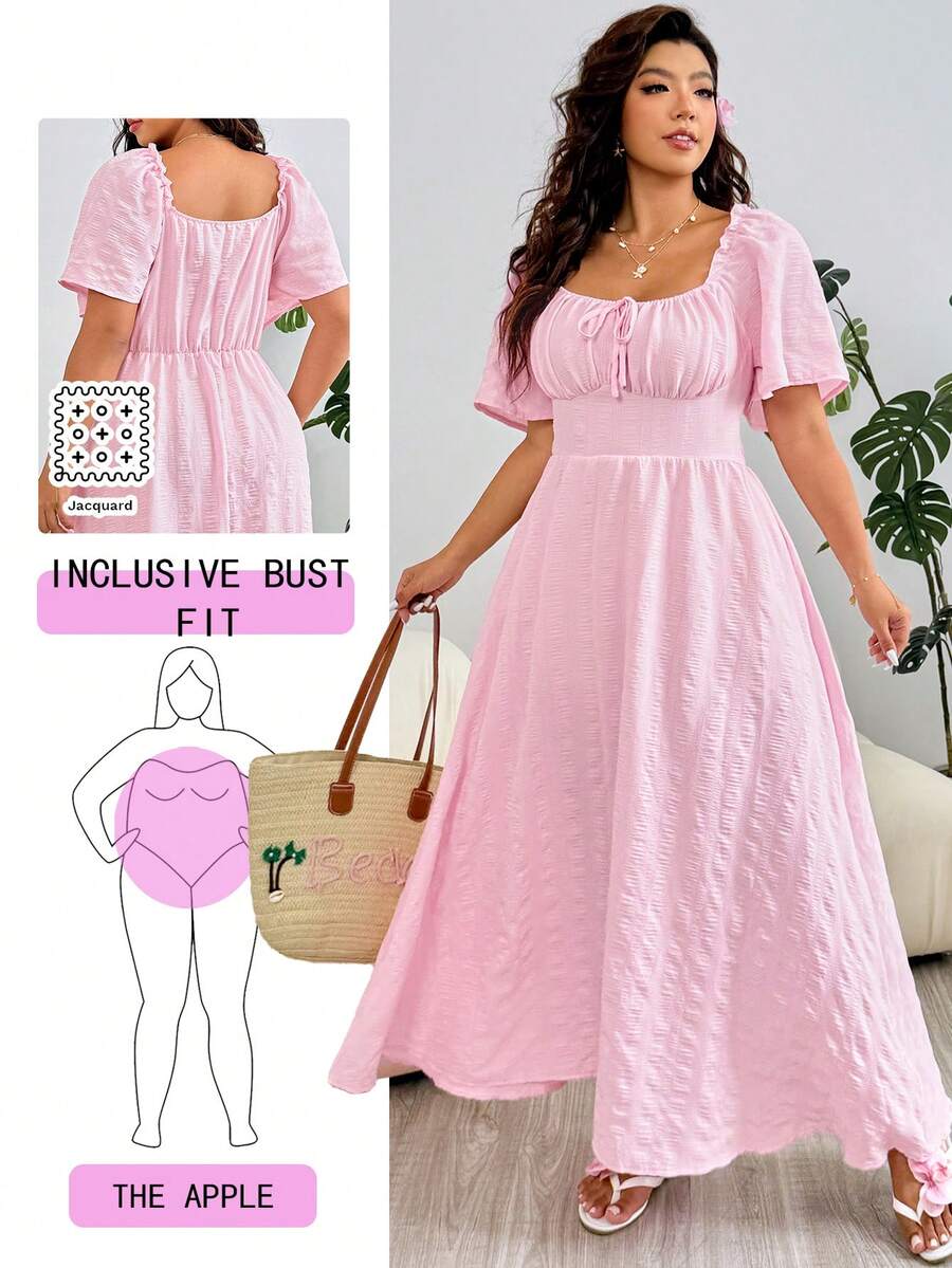 Solflare Romantic Long Flounce Sleeve A-Line Dress, Suitable For Casual, Party, Commute, Wedding, Music Festival, Beach Vacation, Plus Size, Pink - Pink - View 1