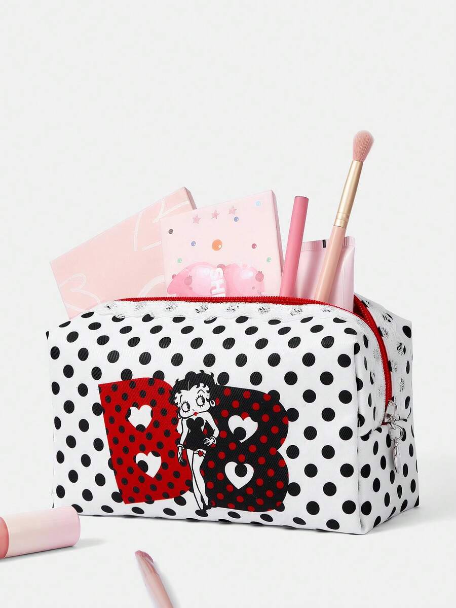 Betty Boop x SHEIN Ví cầm tay ren chấm bi trắng có chữ cái. - trắng - Xem 1