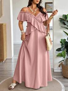 Vionelle Plus Size Women's Dusty Pink Summer Boho Spaghetti Strap Dress, Elegant Ruffled Criss-Cross Off-Shoulder Long Dress, Wedding Vacation Guest Tea Party - Baby Pink - View 5