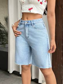 SHEIN Tall 女款休閒水洗高腰牛仔短褲，夏季，適合高個女性 - 藍色 - 查看 3