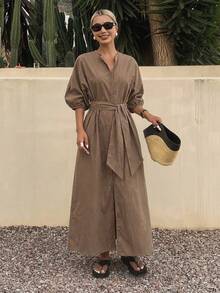 Livesso 夏季宽松商务休闲纯色通勤办公服拼接长款衬衫裙，腰带花瓣袖短袖中长连衣裙，女士太阳裙 - 棕色 - 查看 2
