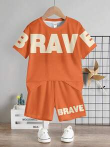 SHEIN Conjunto de camiseta de manga corta de cuello redondo y pantalones cortos minimalista casual para niño - Multicolor - Ver 2
