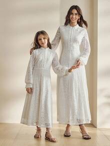 Anewsta Vestido de encaje de manga larga para niñas, vestido blanco largo para primavera/verano, ropa infantil - Blanco - Ver 6