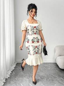 Elenzga Vestido de talla grande con cuello cuadrado, estampado floral estilo francés y volantes en el bajo - Albaricoque - Ver 7