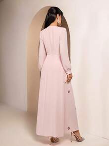 Solavon Women's Round Neck Raglan Sleeve Pleated Elegant Arabic Style Dress - Pink - View 3