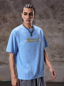 Skyrend Camiseta de manga corta con estampado gráfico lavado, estilo retro estadounidense de streetwear para hombres, cómoda y transpirable, adecuada para el verano, de moda - Celeste - Ver 6