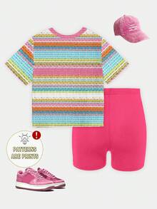 Spring And Summer Girls Casual Fashionable Creative Colorful Striped Floral Print T-Shirt And Bike Shorts Set, Comfortable Daily Wear - Multicolor - View 2