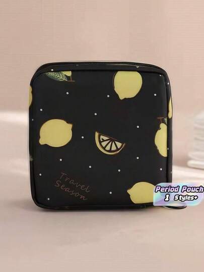 1 pieza Bolsa de almacenamiento de toallas sanitarias con estampado de limón, estuche portátil modernista para almacenar toallas sanitarias, kit de periodo, para uso doméstico y de viaje, también puede usarse como bolsa de cosméticos, bolsa para lápiz labial, brochas, cuidado de la piel, teléfono móvil, monedas, artículos pequeños, organizador de vacaciones, artículo de primavera, de uso multifuncional