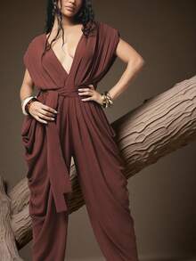 SHEIN Haute Women's Sexy Vacation Pleated V Neck No Sleeve Jumpsuit - Brown - View 5