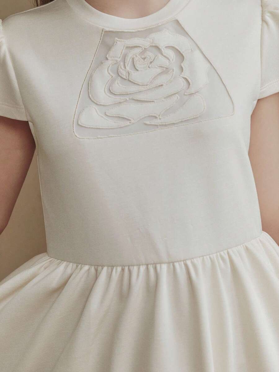 Anewsta 女童春夏圆领花卉刺绣短袖连衣裙 - 杏色 - 查看 1