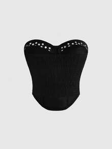 ROMWE Grunge Punk Punk Metal Rivet Button PU Tight Top, Summer Music Festival Outfit - Black - View 2