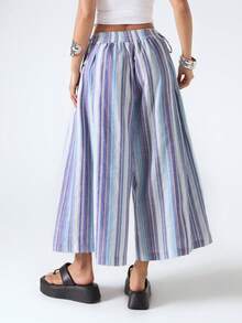 LYSMO Quần short ống rộng kẻ sọc phong cách thường ngày mùa hè dành cho nữ - Xanh và trắng - Xem 2