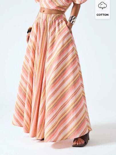 LYSMO 2026 New Arrive Minimalism Spring/Summer Women's Striped Elastic Waist Pocket Casual Long Skirt, Summer Boho Skirts For Women Zebra Skirt Zumba Skirt Pincel Skirt Pin For Dress
