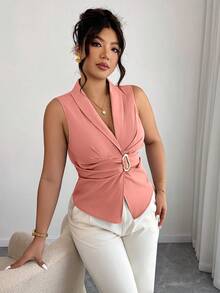 Elenzga Plus Size V-Neck Elegant Tie-Waist Sleeveless Blouse - Coral Orange - View 5