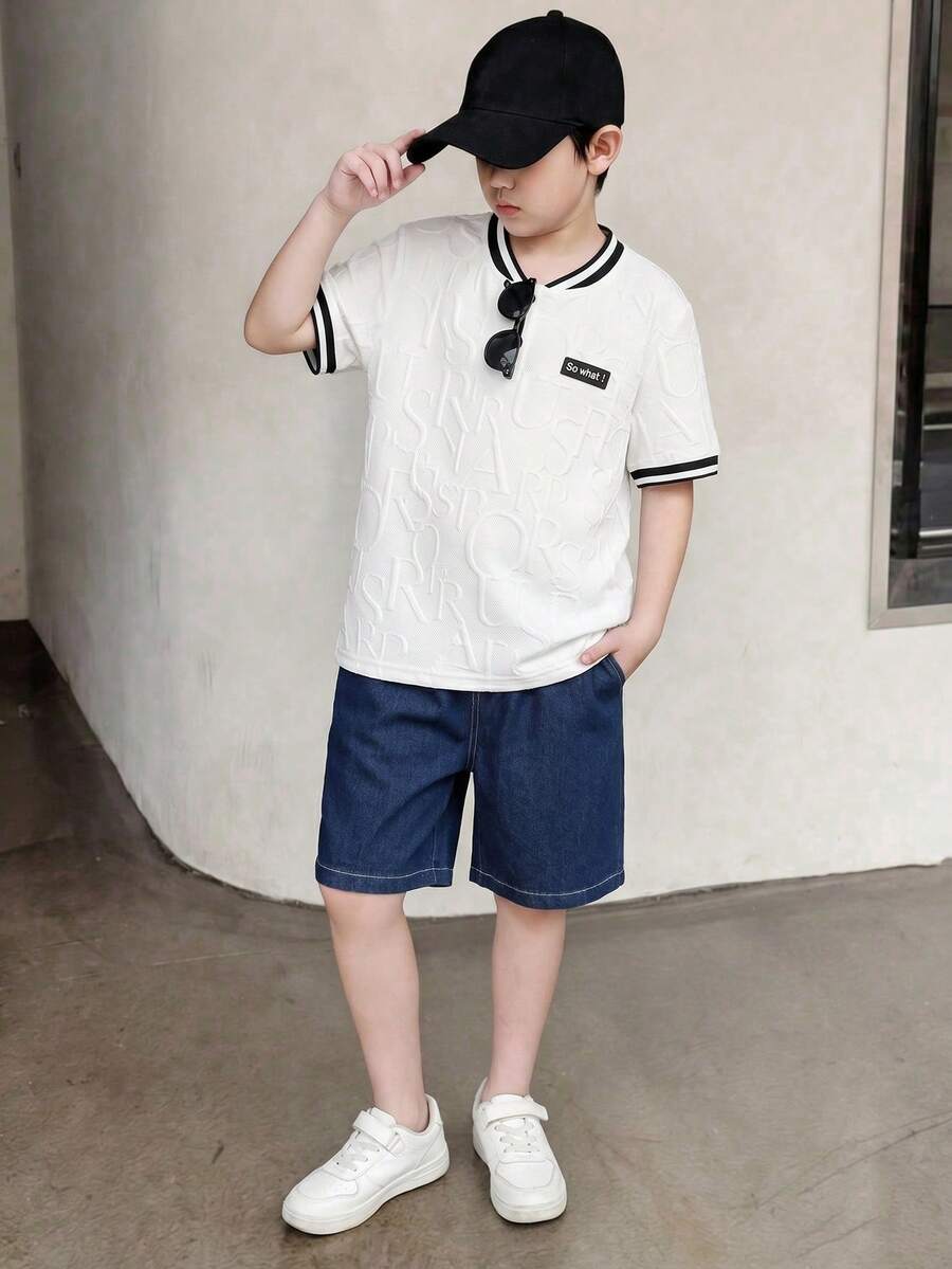 Mirajuku 2pcs/Set Older Boys Casual Gentleman Style Textured Fabric Polo Shirt Set With Blue Denim Shorts, Minimalist Fashion Suitable For Daily, School, Commute - White - View 1