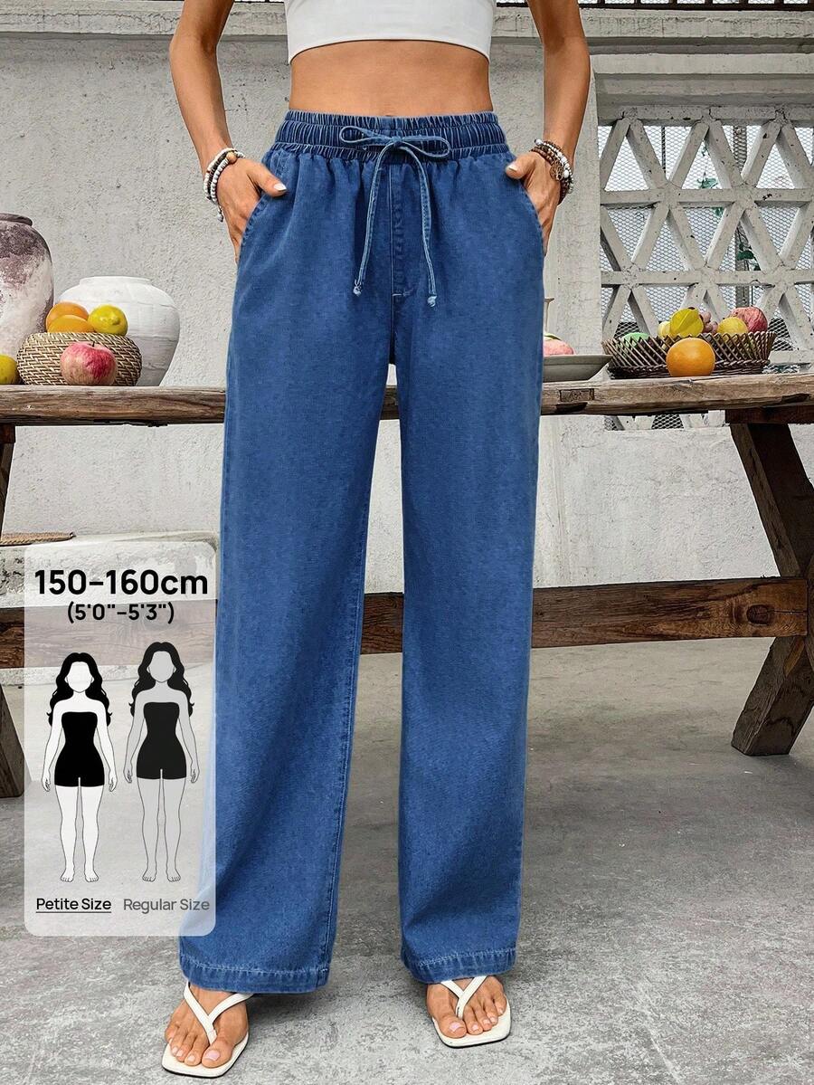SHEIN PETITE Quần jeans nữ ống đứng màu trơn, túi xoắn, kiểu dáng thường ngày. - Màu xanh lam - Xem 1