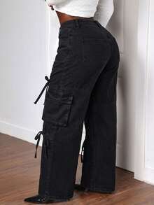 Slaydiva Plus Size Distressed Wide Leg Denim Jeans - Black - View 2