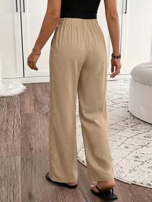 Louniche Women's Casual Blue Drape Pants, Suitable For Commuting, Leisure And Daily Wear, Floral Trim Solid Color Cotton Blend Long Pants, Spring/Summer - Khaki - View 2