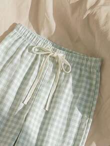 Quần pajama nữ kiểu Bohemian kẻ caro, phong cách thường ngày lãng mạn, viền bèo nhún, thiết kế nơ. - màu xanh lá - Xem 3