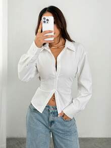 SHEIN PETITE Women's Elegant White Long Sleeve Shirt,Tie-Waist Cinched Striped Blouse,Casual Office Commuter Work Attire,Bohemian Vacation Summer Blouses ,Petite Women - White - View 7