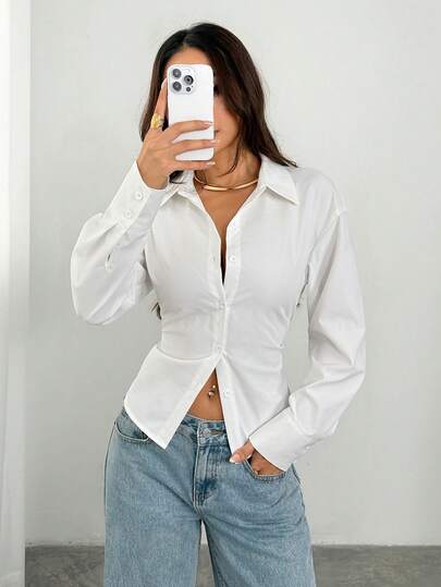 SHEIN PETITE Camisa de manga larga a rayas azul y blanca para mujer, camisa con cintura anudada, camisa casual para ir al trabajo, camisa de vacaciones, camisa a rayas con cintura ceñida, adecuada para primavera, verano, otoño e invierno, elegante, vacaciones, bohemia, atuendo de trabajo, blusas blancas elegantes, camisa blanca para mujer, blusa blanca de manga larga