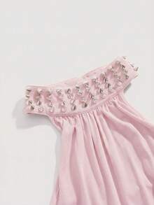 ROMWE J-Fashion 女士性感时尚朋克街头铆钉装饰抽绳褶皱修身露背上衣，夏季 - 淺粉色 - 查看 4