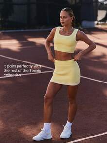 GLOWMODE Rally Ready Soft Stretchy Contrast Trim Built-In Lined Shorts Knit Skort Tennis Golf Pickleball Daily Casual Wear - Yellow - View 5