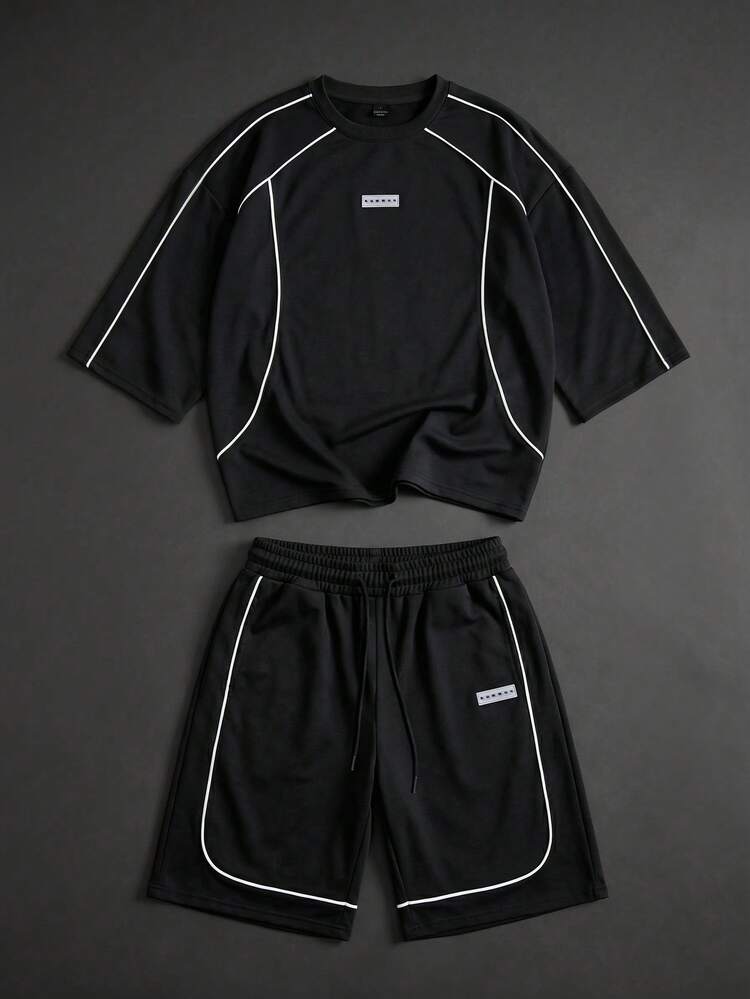 블랙 긴팔 오버사이즈 상의 및 반바지 세트 화이트 대비 파이핑 디테일 크루넥 캐주얼 스트리트웨어 투피스 의상