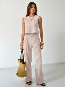 SHEIN Tall Women's Striped Crew Neck Sleeveless Top And Shorts 2 Pieces Set, Casual For Summer - Apricot - View 2