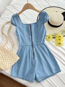 Comfortcana Bộ áo liền quần denim nữ kiểu dáng thường ngày với tay phồng và túi. - Rửa nhẹ - Xem 2