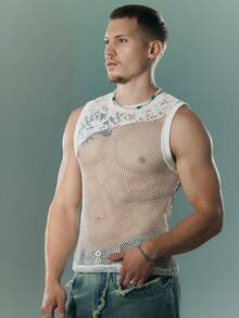 FeverCity Men's Sheer Solid Color Sexy Round Neck Tank Top - White - View 6