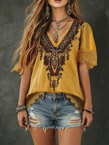 EMERY ROSE Plus-Size Women's Ginger Yellow Summer Top,Boho Watermark Print V-Neck Casual Shirt,Retro Versatile Simple Bohemian-Style Vacation Holiday Outfits - Yellow - View 1