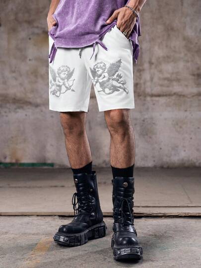 Skyrend Pantalones cortos con cordón estampados de estilo casual urbano para hombres