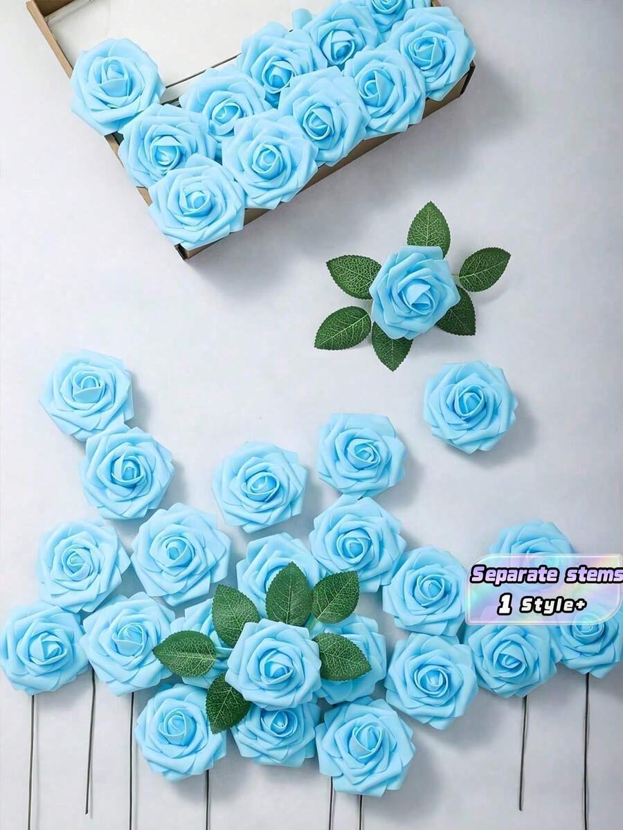 50支仿真玫瑰花枝,25朵花,25片叶子,触感逼真,柔韧耐用,适用于DIY婚礼花束、餐桌摆饰、派对家居装饰、墙面装饰、情人节礼物、工艺品、插花、活动装饰、花瓶填充物、婚礼拱门、拍照背景,营造浪漫唯美的氛围。 - 藍色 - 查看 1