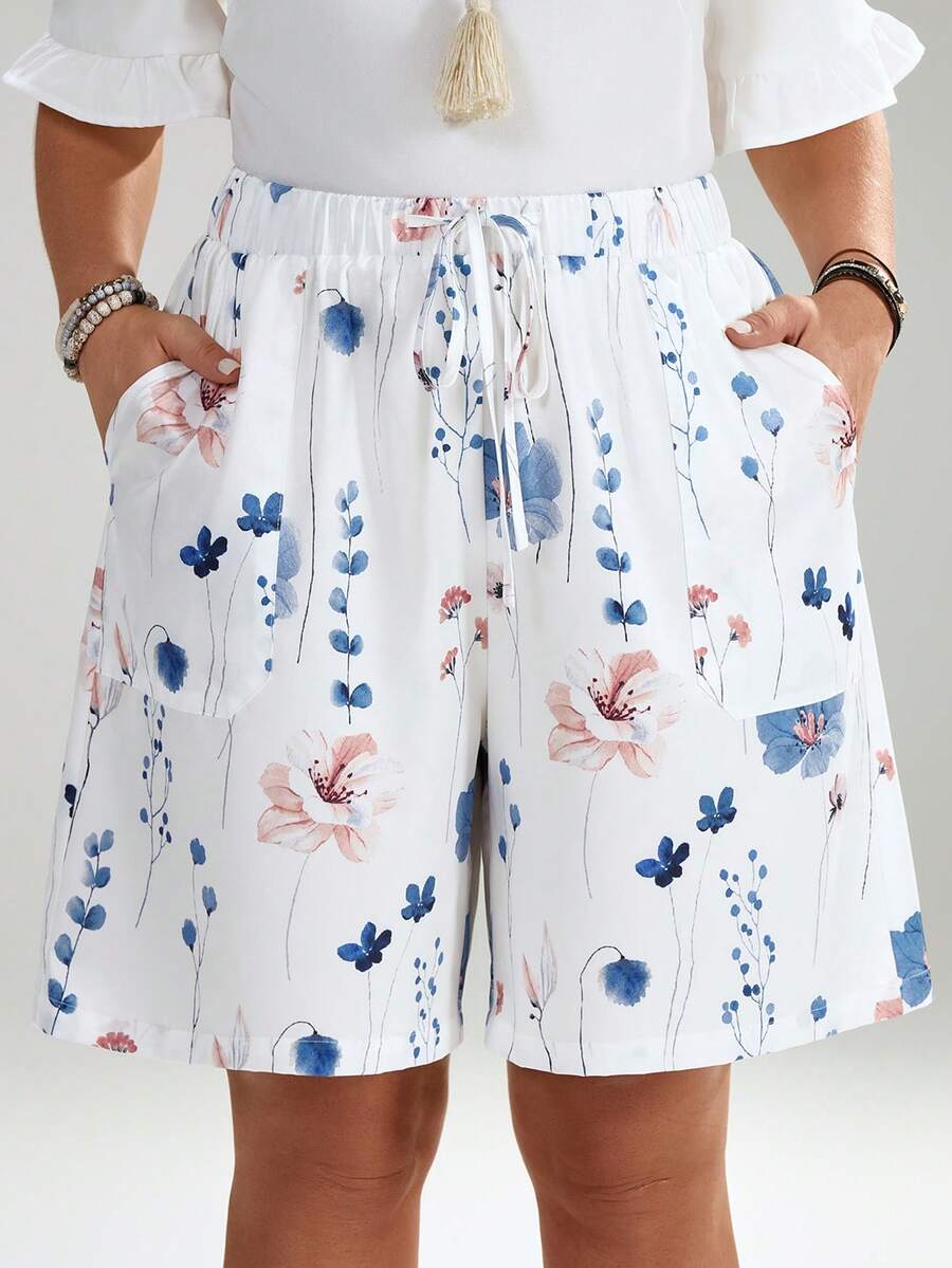 EMERY ROSE Plus Size Summer Floral Print Drawstring Waist Slant Pocket Shorts , Beach Summer For Women