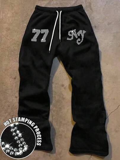 Glimmora Women's Rhinestone Number Graphic Drawstring Waist Loose Casual Sweatpants Fall Cloth For Women