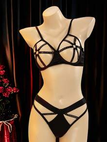 Patchwork Sequin Hollow Out Sexy Lingerie Set, Going Out - Black - View 1