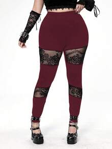 Whyspr Plus Size Contrast Color Punk Goth Style Versatile Hollow Lace Patchwork Elastic Leggings - Burgundy - View 6