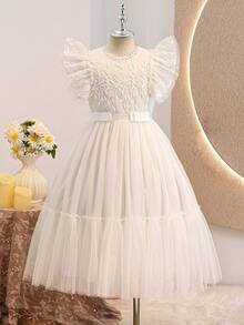 Tween Girls' Elegant Luxurious Mesh Patchwork Dress, Suitable For Birthday Party, Wedding, Flower Girl Dress, Princess Dress - White - View 6