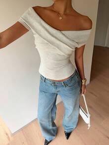 SHEIN PETITE CURVE Áo thun trễ vai thời trang cỡ lớn dành cho nữ, mùa hè - Màu be - Xem 4