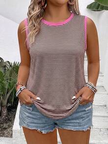 EMERY ROSE Women's Spring/Summer New Arrival Striped Print Contrast Trim Casual Versatile Plus Size Tank Top - Multicolor - View 4