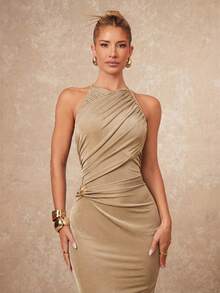Lumalex Frühlingsfrisches Neckholder-Fokus Rundhals Gerafftes Kreuz-Metall-Dekor Bodycon Kleid für Frauen, Luxus Neujahrslook Stille Luxus Abschlussball Versammlung Party Bankett Bescheiden Altes Geld Kokette Glitzer Feiertagsparty Rave Festival Ausflug Urlaub Reichhaltig geschichtet Hochzeitssaison Bankett ID Al-Adha Al-Adha Party Neujahrslooks der Party Partykleid für Blaues Kleid für Frauen Drapiertes Kleid - Gold - Übersicht 4