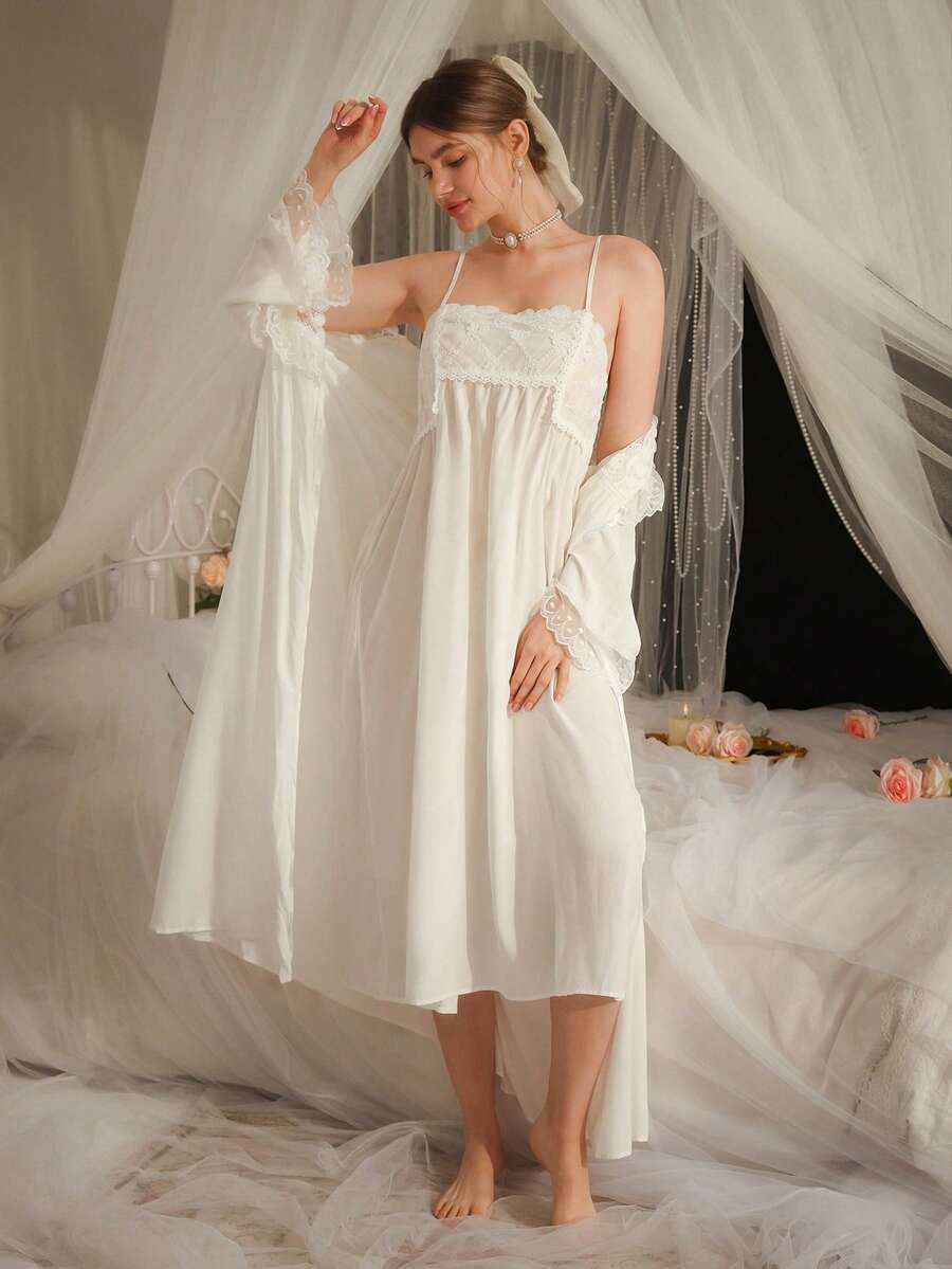 DelicateAllure 2pcs Vintage Palace Style Lace Contrast Camisole Babydoll Nightgown And Robe Set Holiday Season, Fall Winter Clothes - White - View 1