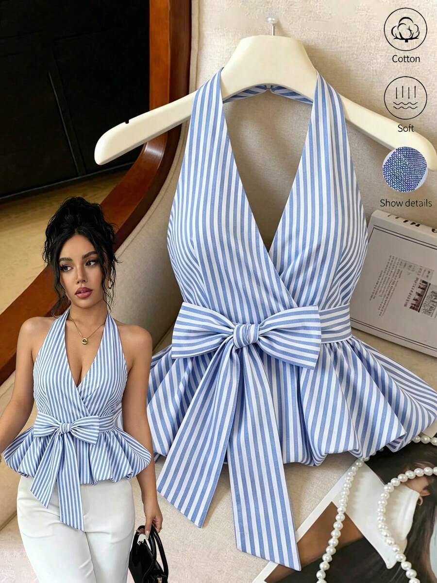 Everyssa Top corto con lazo a rayas, blusa casual de verano, ropa de vacaciones, atuendo de picnic, blusa para brunch, vestido de fiesta, Y2K, bandeau, ropa de club para mujer, hombros descubiertos, atuendo de invitada de boda, top lindo, blusa de hombros descubiertos, chica de vacaciones, chica bohemia, festival de música, carnaval, atuendo de brunch, vacaciones en la playa, verano europeo, adorable top de verano - Azul y blanco - Ver 1