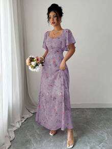 Modelyn 女款優雅雪紡蝴蝶印花蝙蝠袖百褶甜美法式風夏季洋裝 - Bold Plum - 查看 3